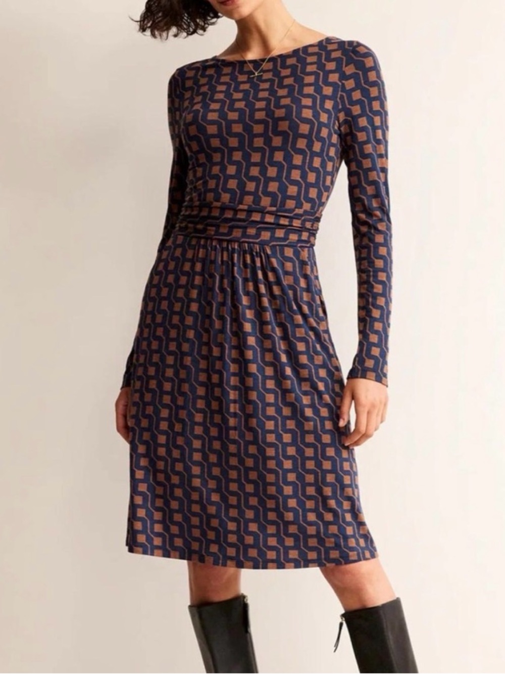 Boden Abigail Stretch Jersey Dress in Navy and Brown size 14
